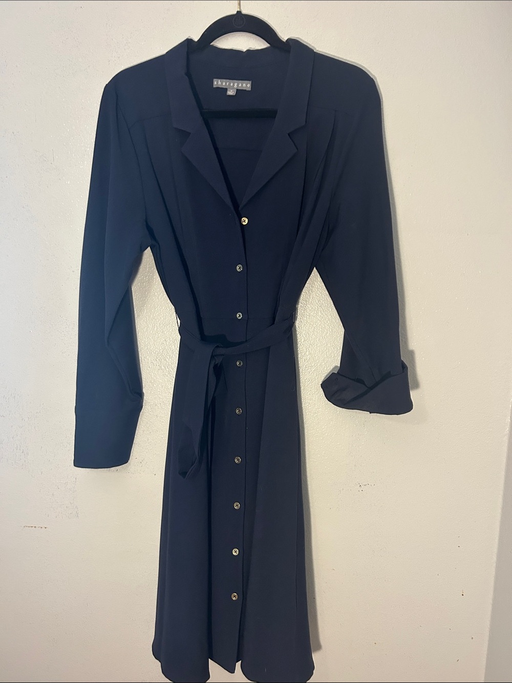 Long-Sleeve Navy Button-Front Shirt Dress with Tie Waist